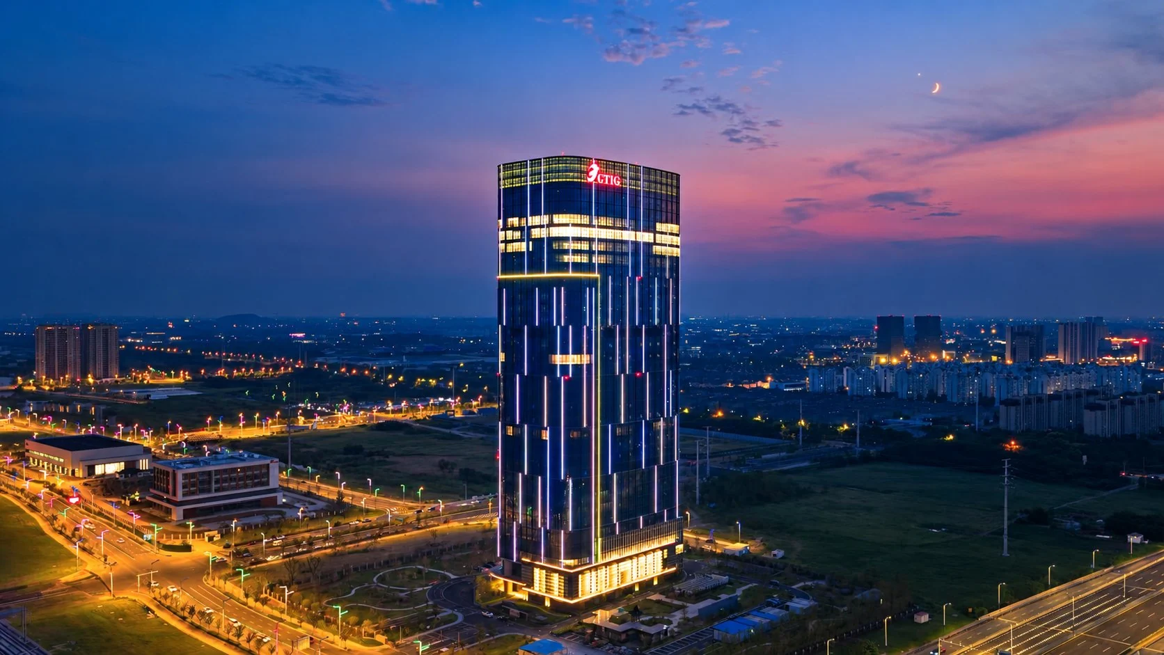 GTIG glass headquarters tower at night