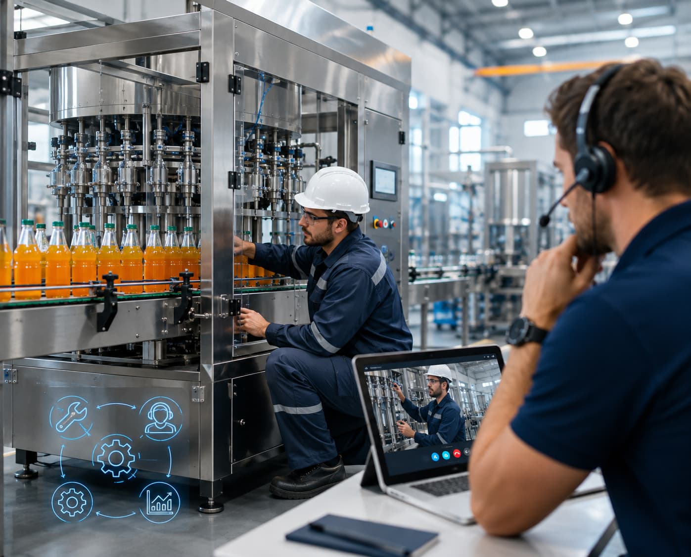Technician providing commissioning and after-sales support for beverage machinery